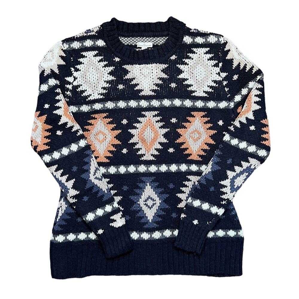 L.L. Bean Signature Navy Orange White Knit Southwestern Sweater Women Size Large